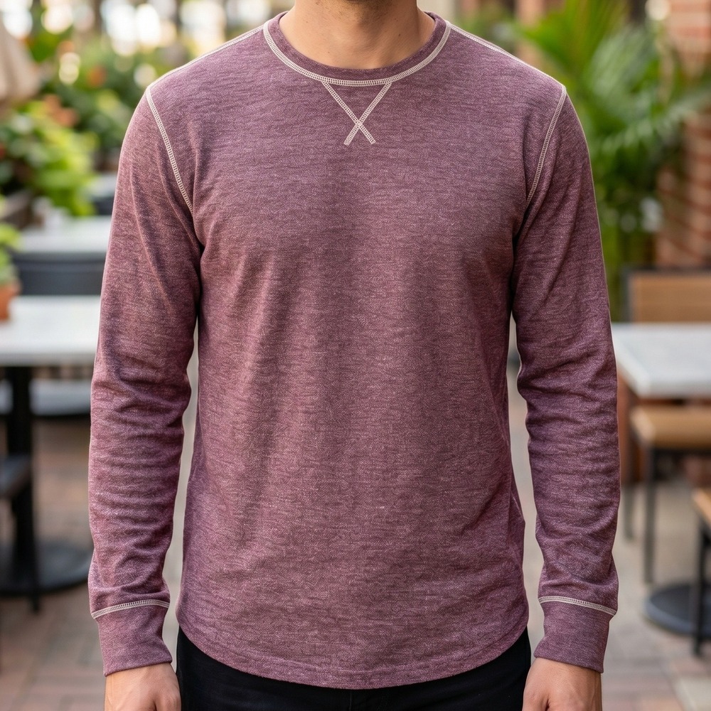 American Eagle Mens Burgundy Heather Long Sleeve Crew Neck Shirt Contrast Stitch